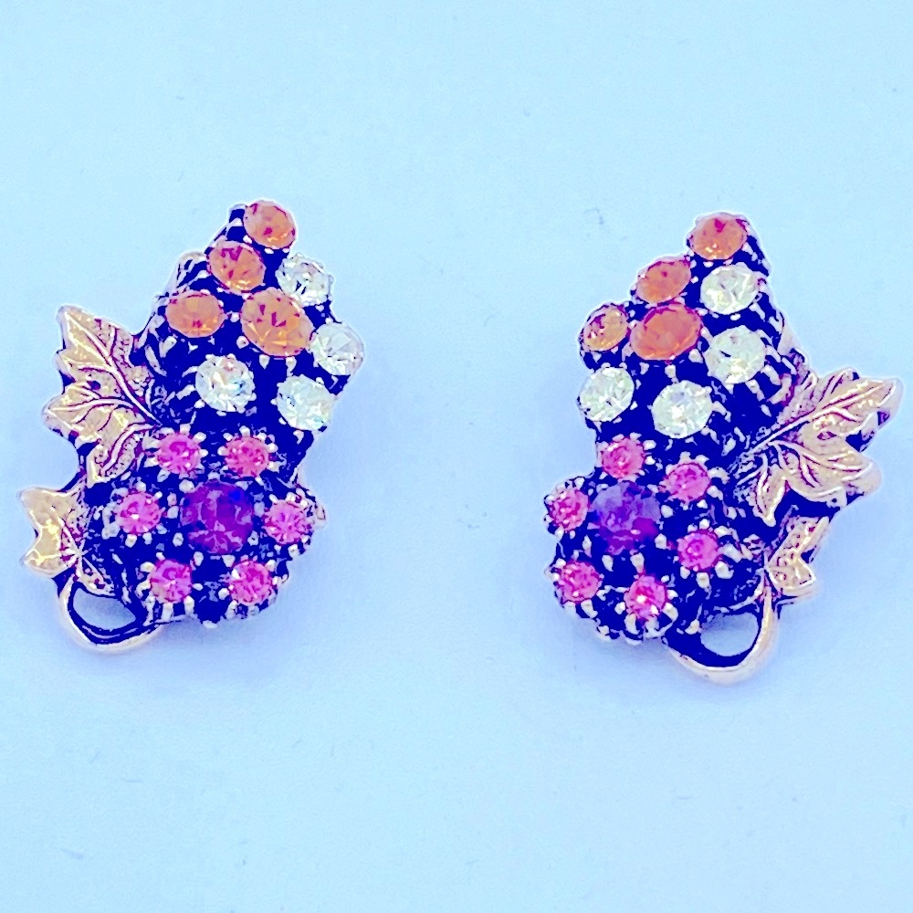 Vintage Gold Tone Earrings With Pink, Gold, Clear Rhinestone And Leaf Earrings